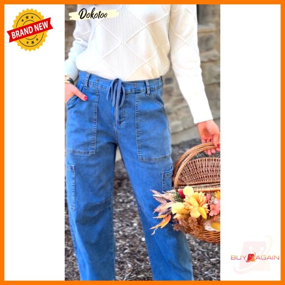 High Waisted Straight Wide Leg Cargo Denim Pants Loose Fit with Pockets - Picture 7 of 7